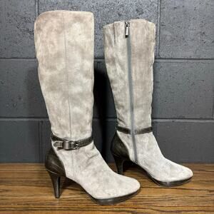 Bandolino Women’s Gray Suede Knee High Heeled Boots 7M Faux Croc Trim Side Zip